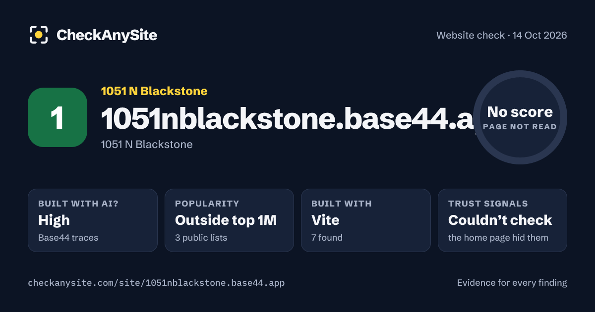 1051nblackstone.base44.app on CheckAnySite: AI traces high, popularity Outside top 1M, no score.