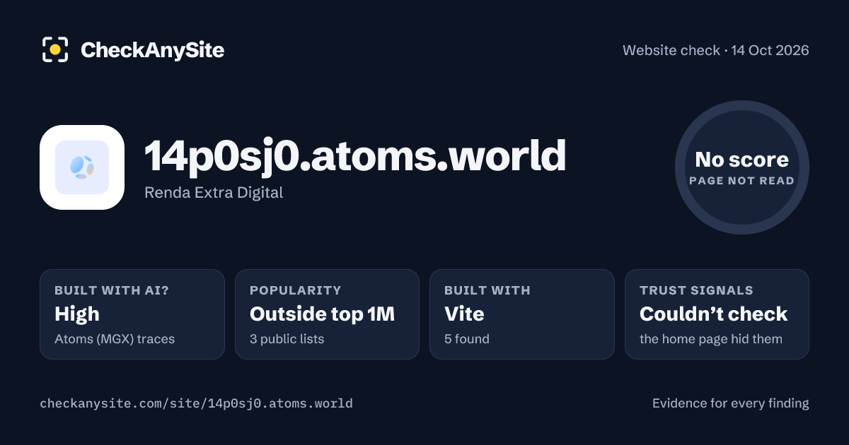 14p0sj0.atoms.world on CheckAnySite: AI traces high, popularity Outside top 1M, no score.