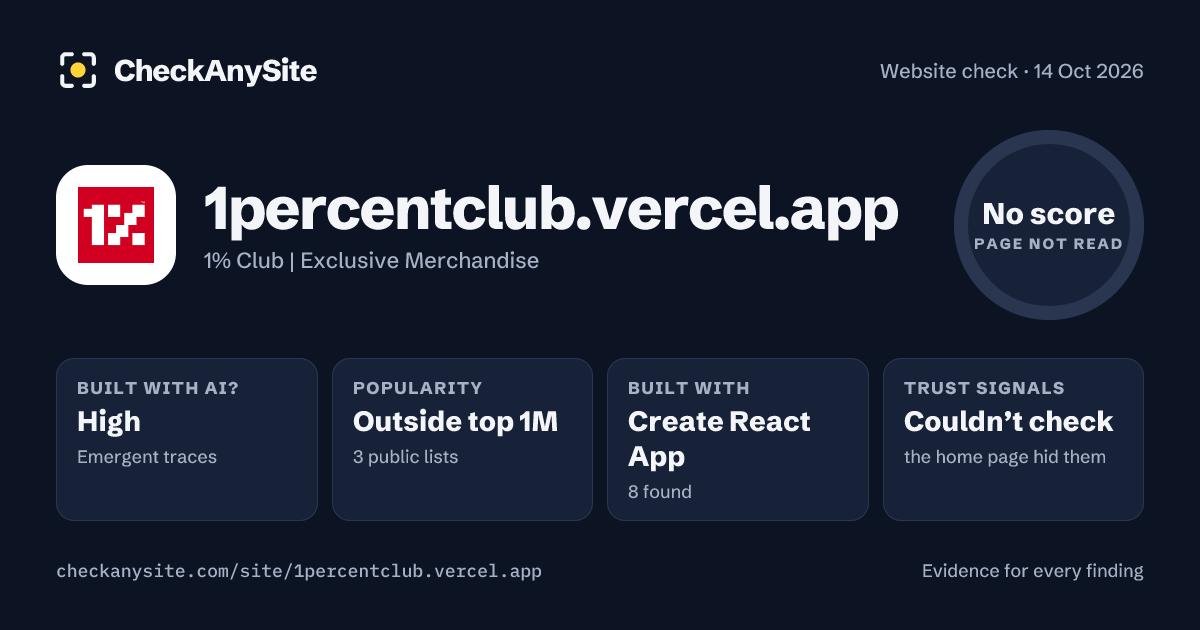 1percentclub.vercel.app on CheckAnySite: AI traces high, popularity Outside top 1M, no score.