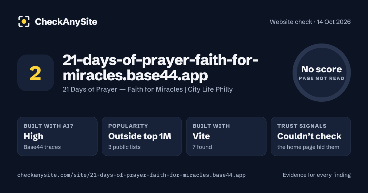 21-days-of-prayer-faith-for-miracles.base44.app on CheckAnySite: AI traces high, popularity Outside top 1M, no score.