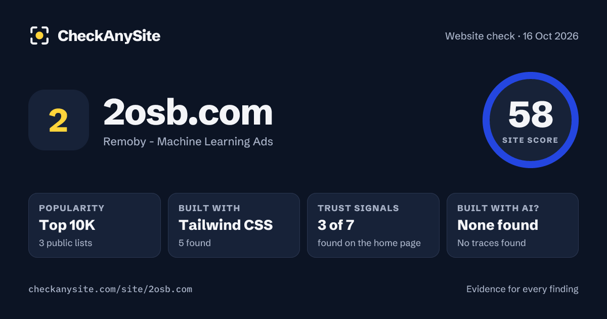 2osb.com on CheckAnySite: AI traces none found, popularity Top 10K, site score 58 of 100.