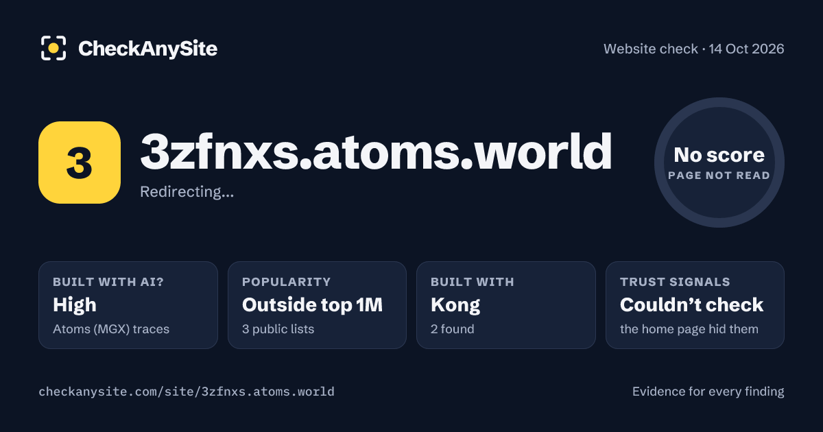 3zfnxs.atoms.world on CheckAnySite: AI traces high, popularity Outside top 1M, no score.