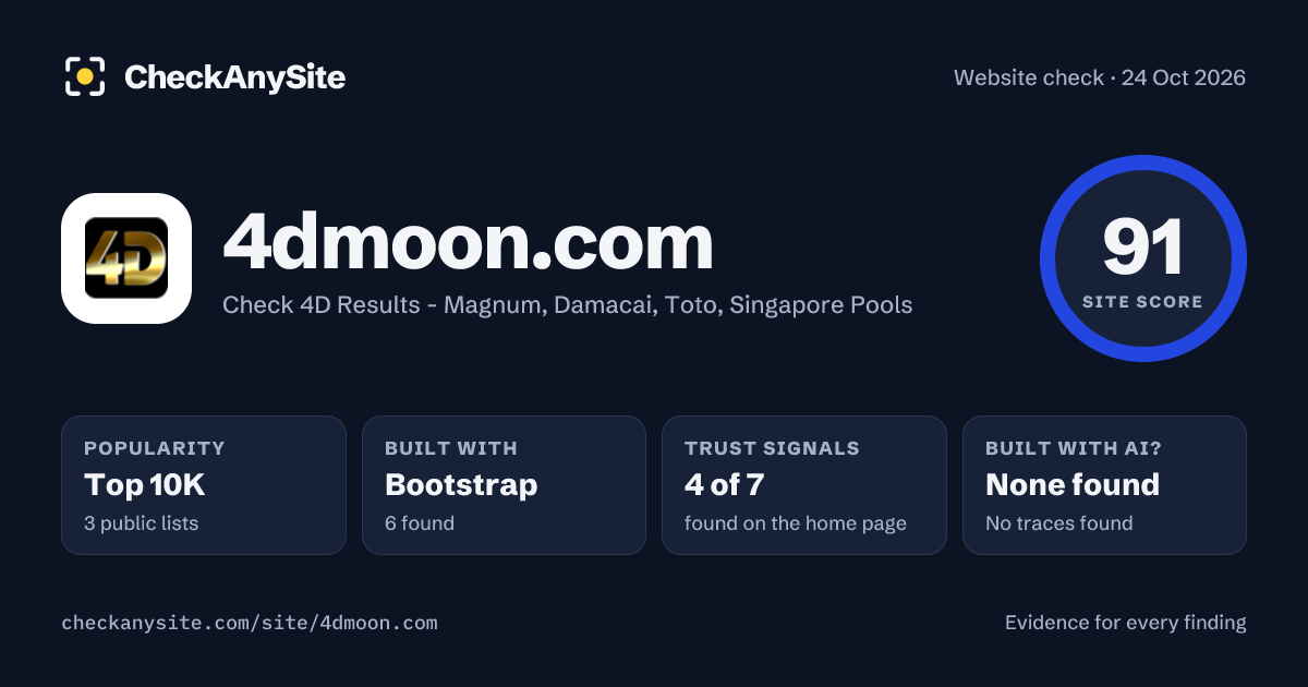 4dmoon.com on CheckAnySite: AI traces none found, popularity Top 10K, site score 91 of 100.