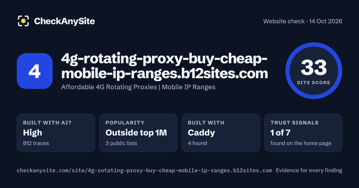 4g-rotating-proxy-buy-cheap-mobile-ip-ranges.b12sites.com on CheckAnySite: AI traces high, popularity Outside top 1M, site score 33 of 100.