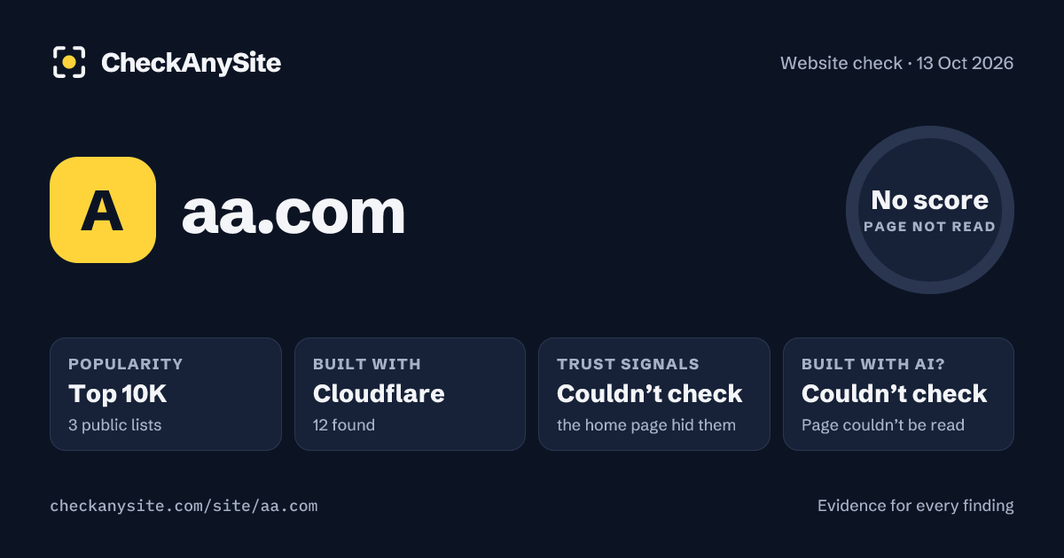 aa.com on CheckAnySite: AI traces couldn’t check, popularity Top 10K, no score.