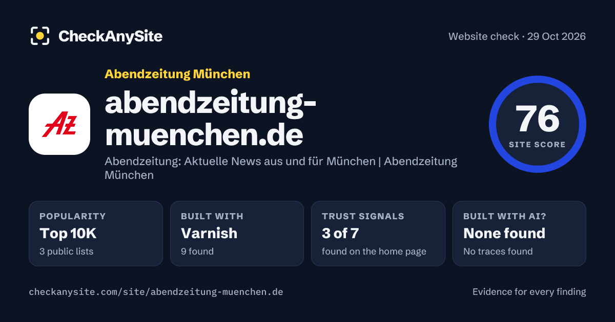 abendzeitung-muenchen.de on CheckAnySite: AI traces none found, popularity Top 10K, site score 76 of 100.