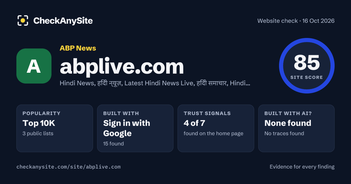 abplive.com on CheckAnySite: AI traces none found, popularity Top 10K, site score 85 of 100.