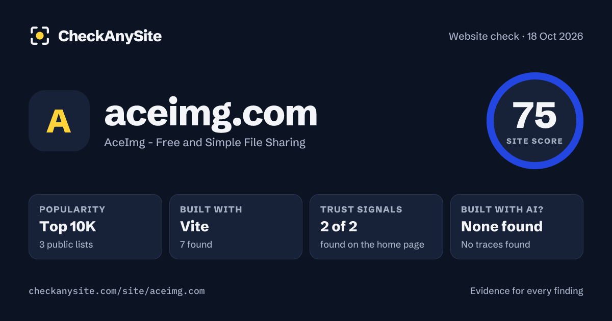 aceimg.com on CheckAnySite: AI traces none found, popularity Top 10K, site score 75 of 100.