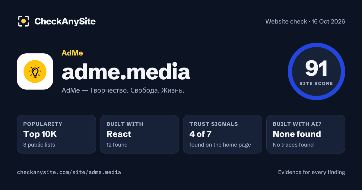 adme.media on CheckAnySite: AI traces none found, popularity Top 10K, site score 91 of 100.