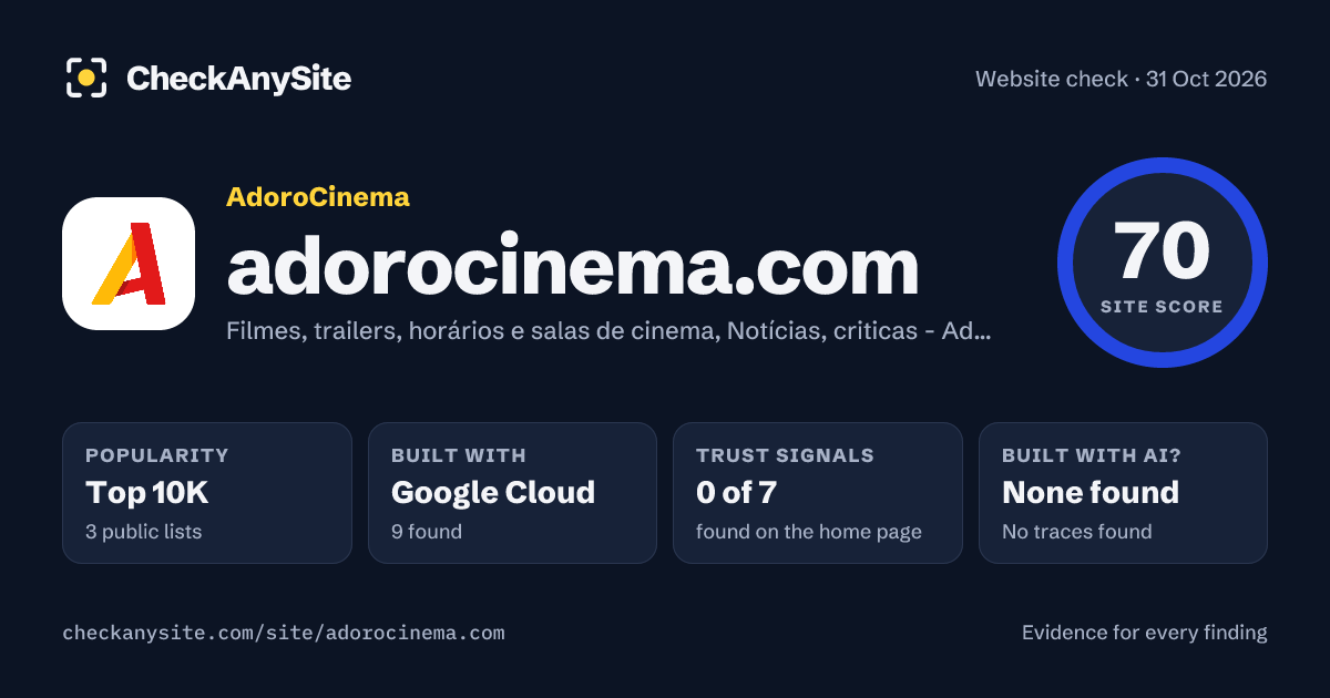 adorocinema.com on CheckAnySite: AI traces none found, popularity Top 10K, site score 70 of 100.