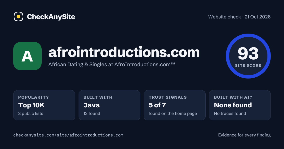 afrointroductions.com on CheckAnySite: AI traces none found, popularity Top 10K, site score 93 of 100.