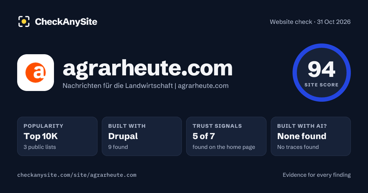 agrarheute.com on CheckAnySite: AI traces none found, popularity Top 10K, site score 94 of 100.