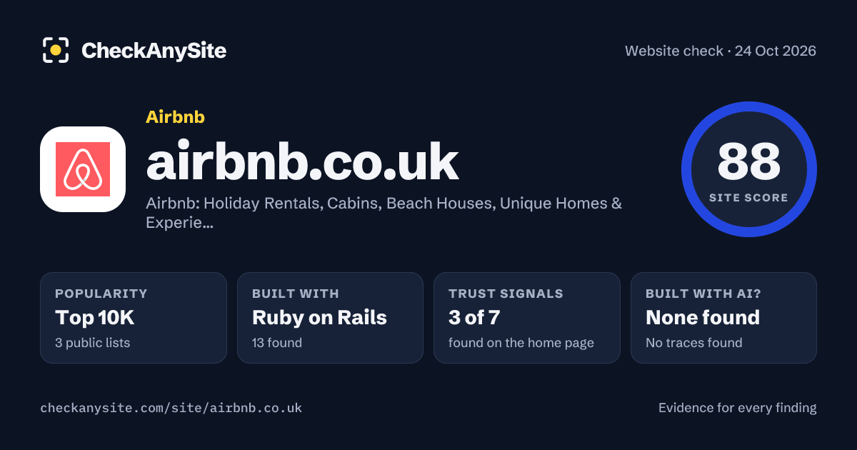 airbnb.co.uk on CheckAnySite: AI traces none found, popularity Top 10K, site score 88 of 100.