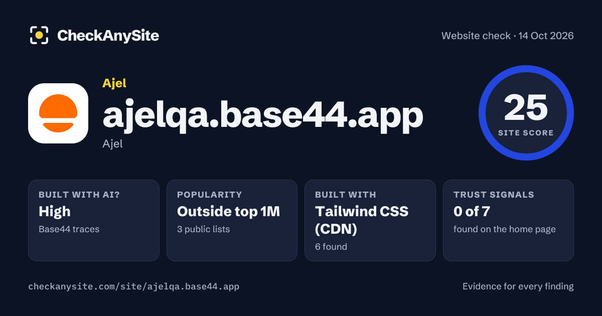 ajelqa.base44.app on CheckAnySite: AI traces high, popularity Outside top 1M, site score 25 of 100.