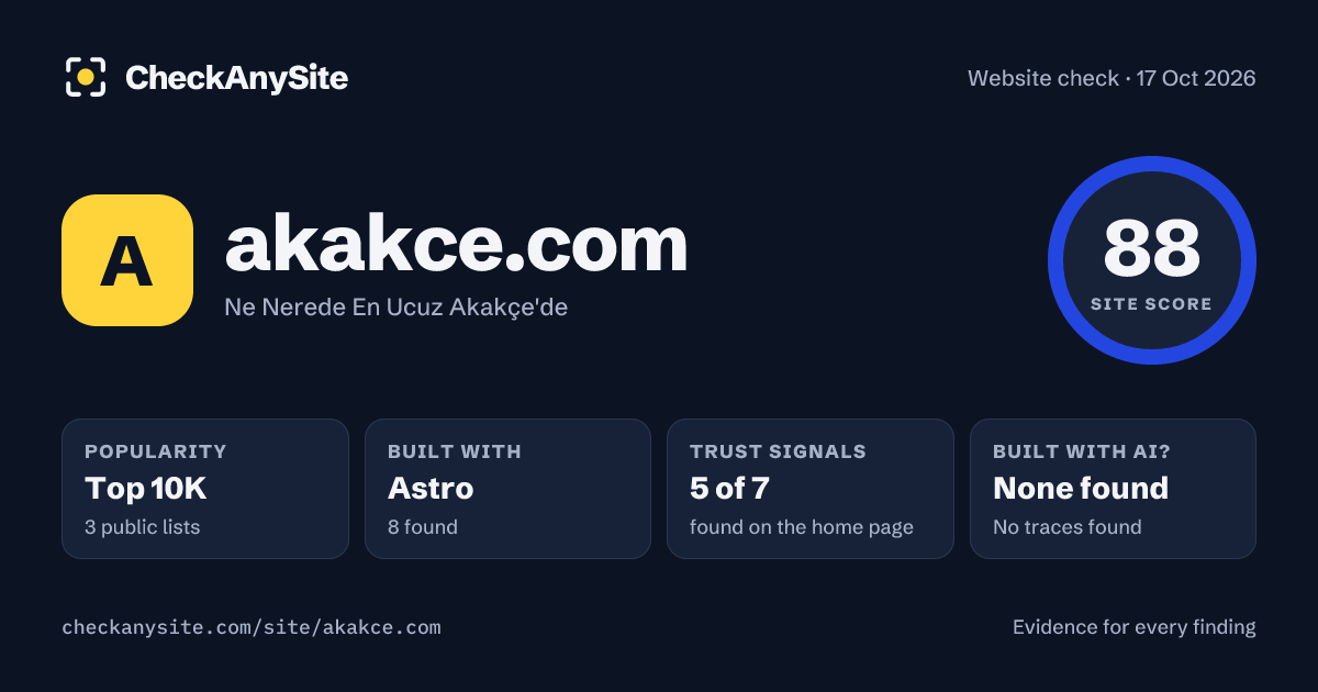 akakce.com on CheckAnySite: AI traces none found, popularity Top 10K, site score 88 of 100.