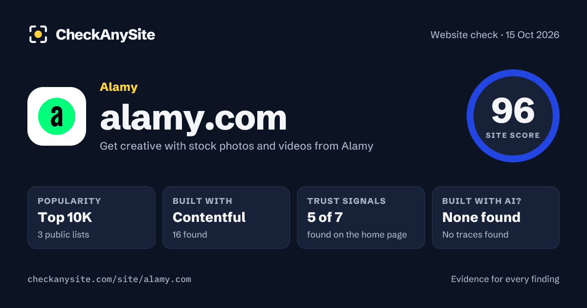 alamy.com on CheckAnySite: AI traces none found, popularity Top 10K, site score 96 of 100.