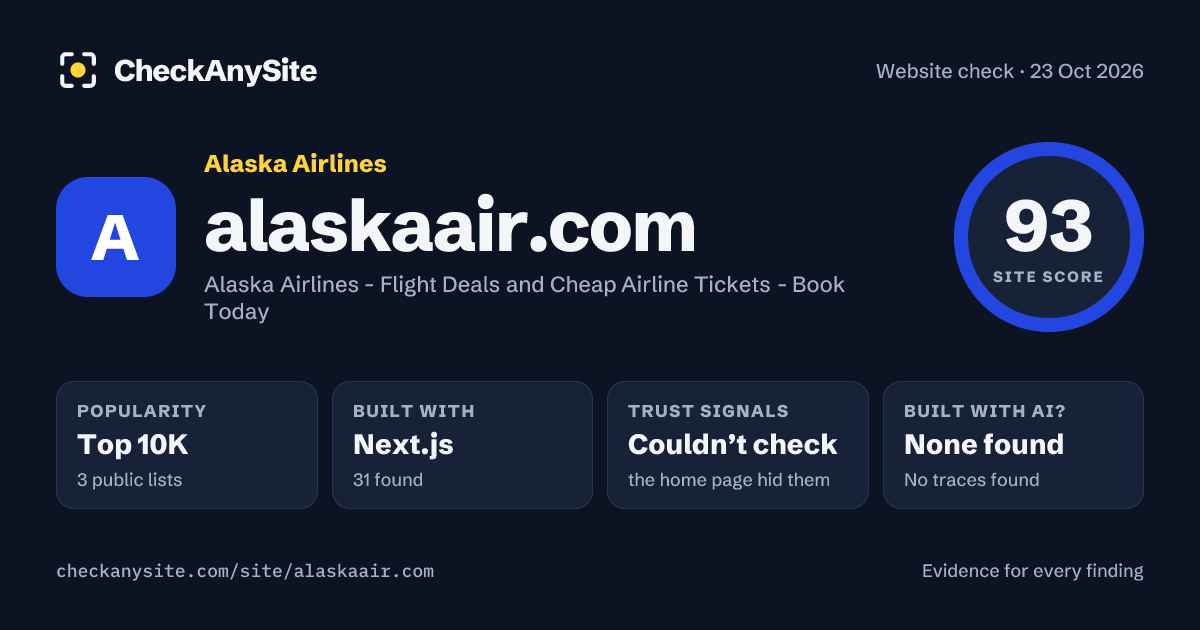 alaskaair.com on CheckAnySite: AI traces none found, popularity Top 10K, site score 93 of 100.