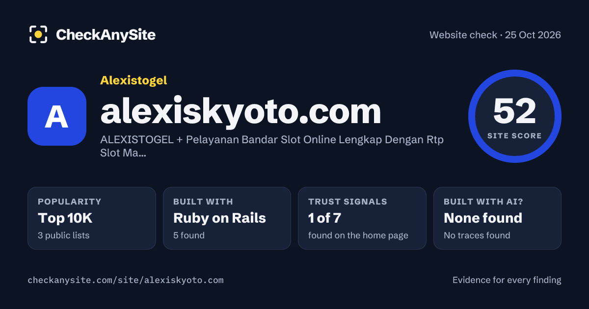 alexiskyoto.com on CheckAnySite: AI traces none found, popularity Top 10K, site score 52 of 100.