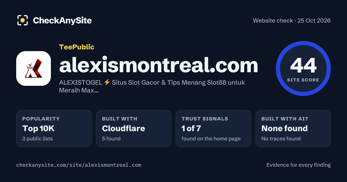 alexismontreal.com on CheckAnySite: AI traces none found, popularity Top 10K, site score 44 of 100.