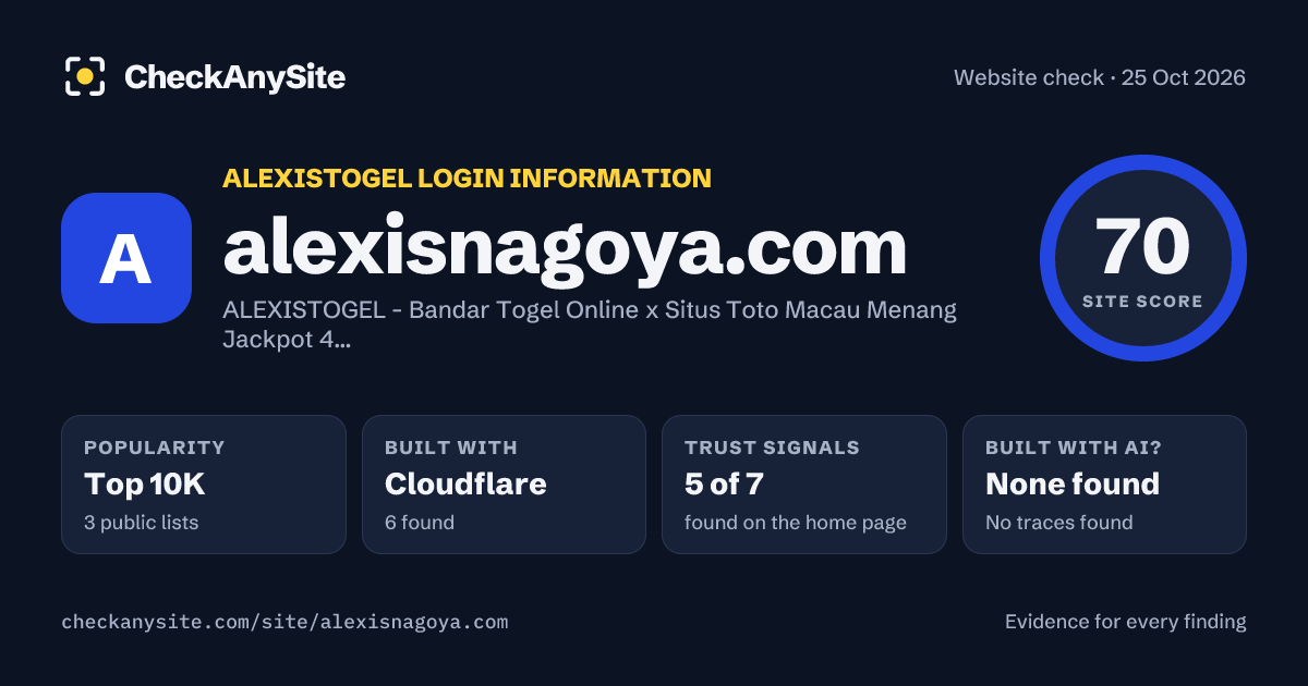 alexisnagoya.com on CheckAnySite: AI traces none found, popularity Top 10K, site score 70 of 100.
