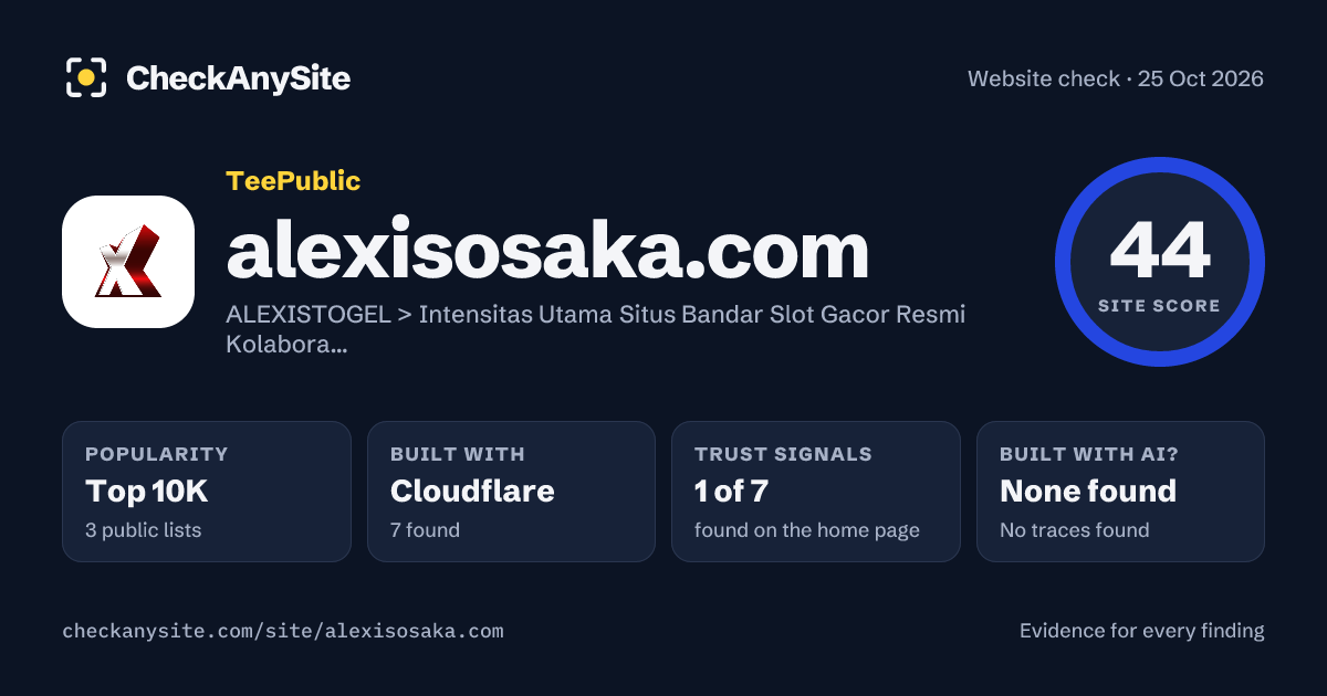 alexisosaka.com on CheckAnySite: AI traces none found, popularity Top 10K, site score 44 of 100.
