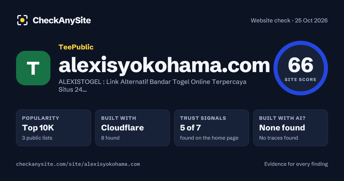 alexisyokohama.com on CheckAnySite: AI traces none found, popularity Top 10K, site score 66 of 100.