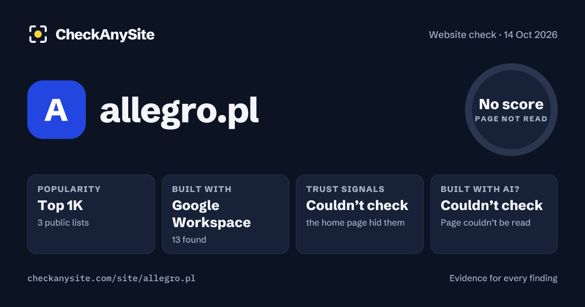 allegro.pl on CheckAnySite: AI traces couldn’t check, popularity Top 1K, no score.