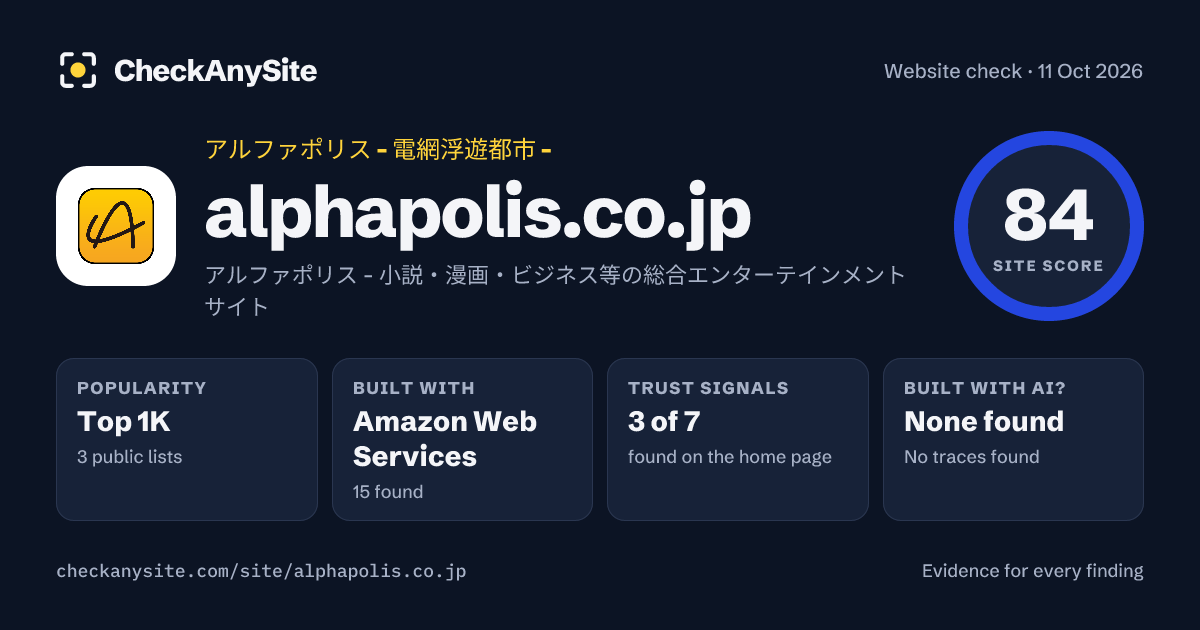 alphapolis.co.jp on CheckAnySite: AI traces none found, popularity Top 1K, site score 84 of 100.