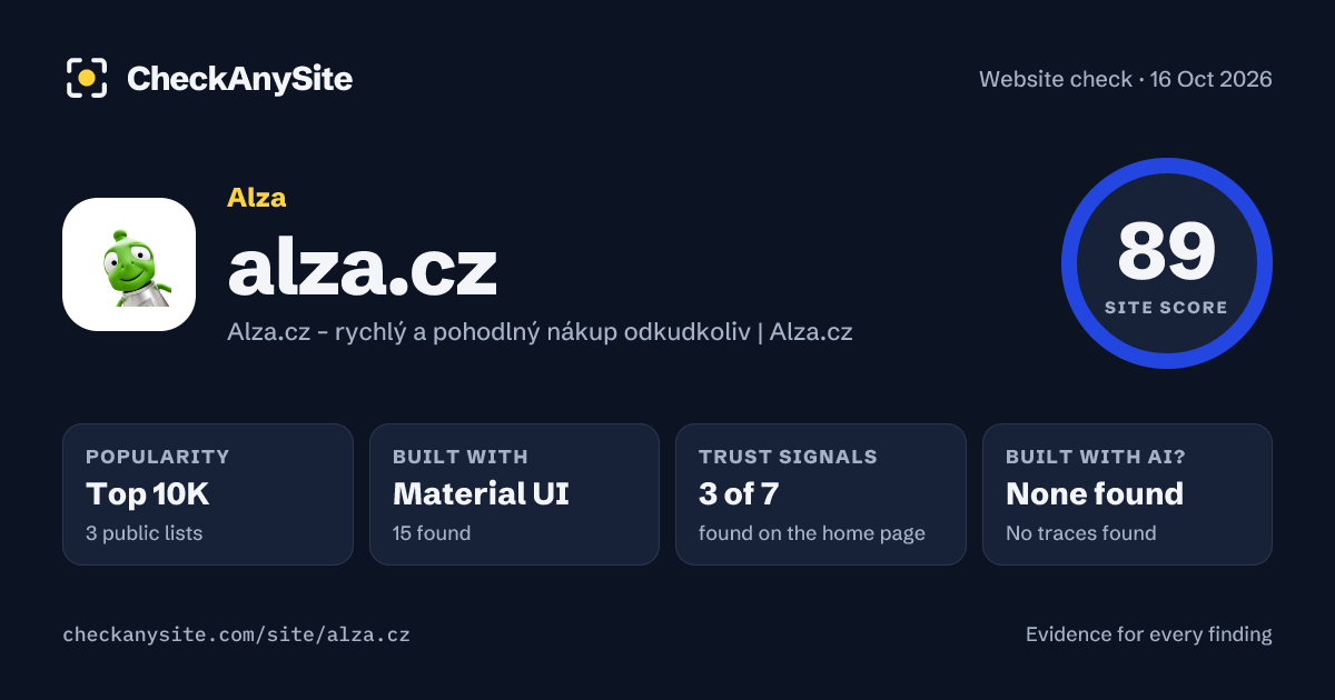 alza.cz on CheckAnySite: AI traces none found, popularity Top 10K, site score 89 of 100.