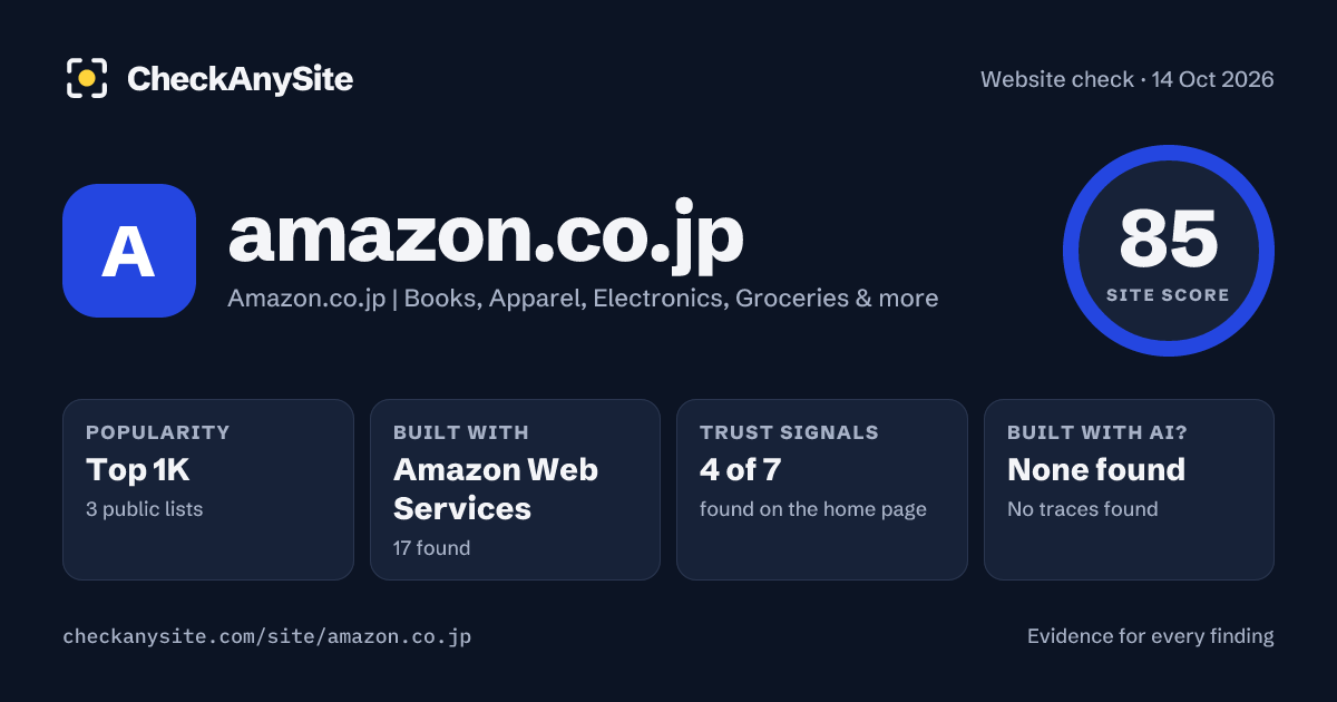 amazon.co.jp on CheckAnySite: AI traces none found, popularity Top 1K, site score 85 of 100.
