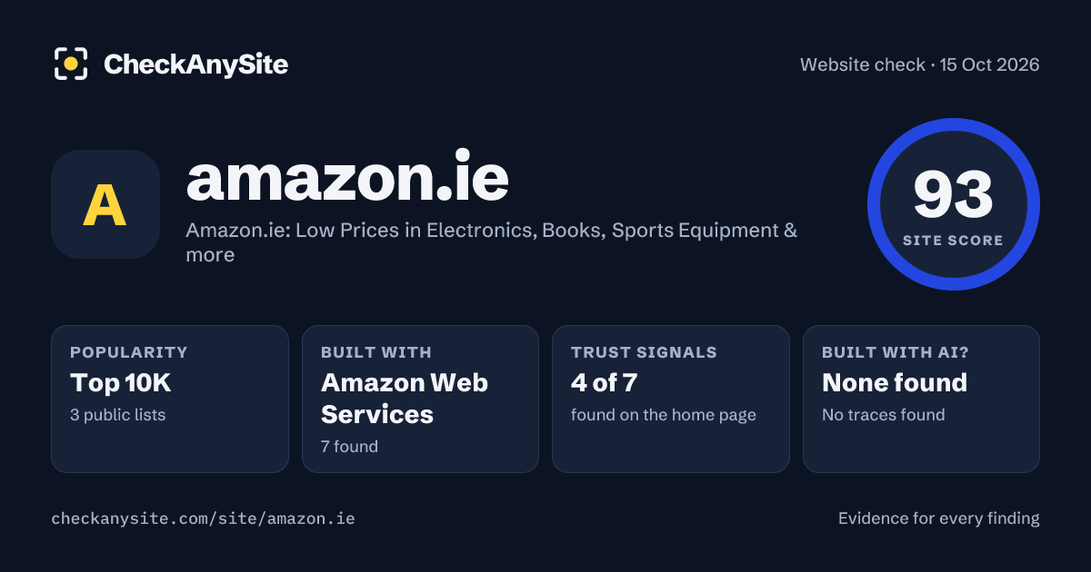 amazon.ie on CheckAnySite: AI traces none found, popularity Top 10K, site score 93 of 100.