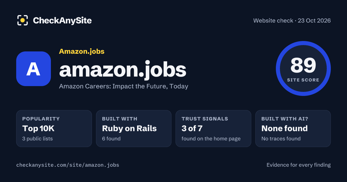 amazon.jobs on CheckAnySite: AI traces none found, popularity Top 10K, site score 89 of 100.