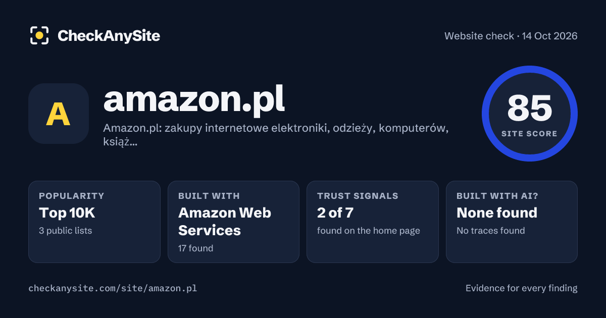 amazon.pl on CheckAnySite: AI traces none found, popularity Top 10K, site score 85 of 100.