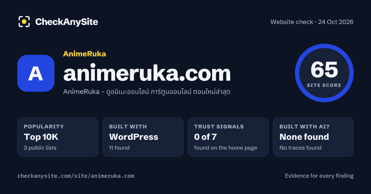 animeruka.com on CheckAnySite: AI traces none found, popularity Top 10K, site score 65 of 100.