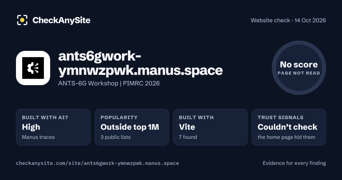 ants6gwork-ymnwzpwk.manus.space on CheckAnySite: AI traces high, popularity Outside top 1M, no score.