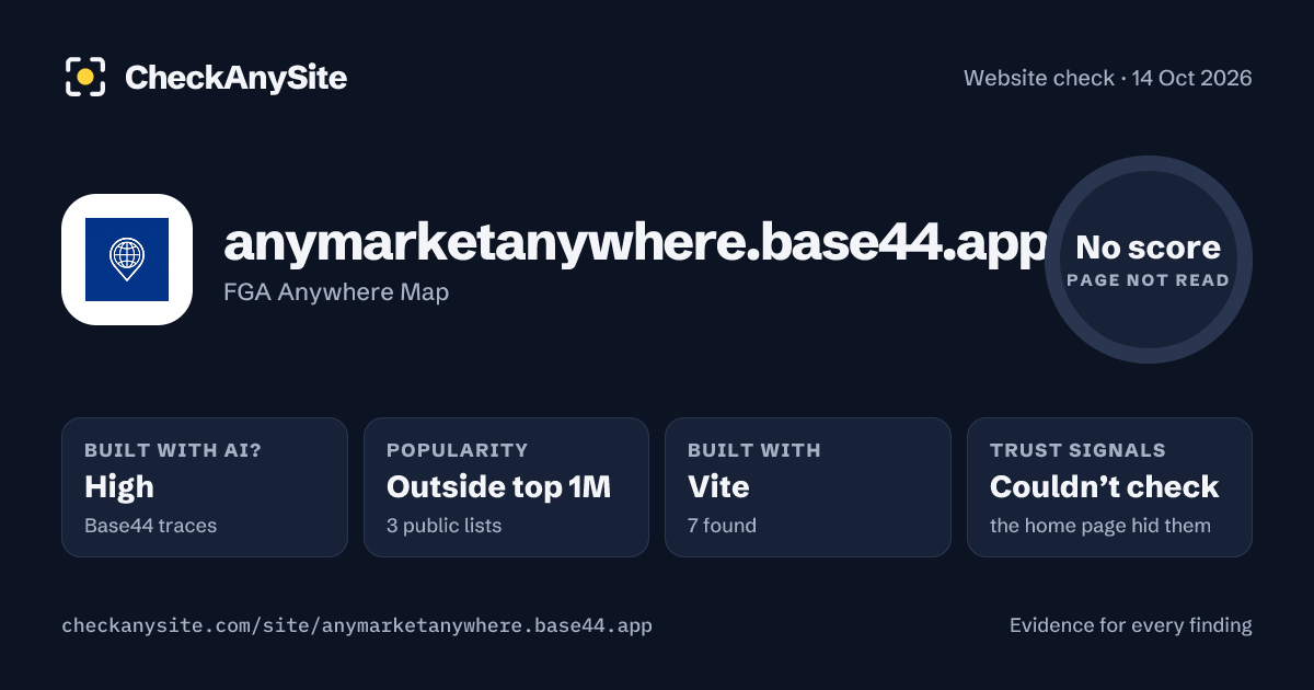 anymarketanywhere.base44.app on CheckAnySite: AI traces high, popularity Outside top 1M, no score.