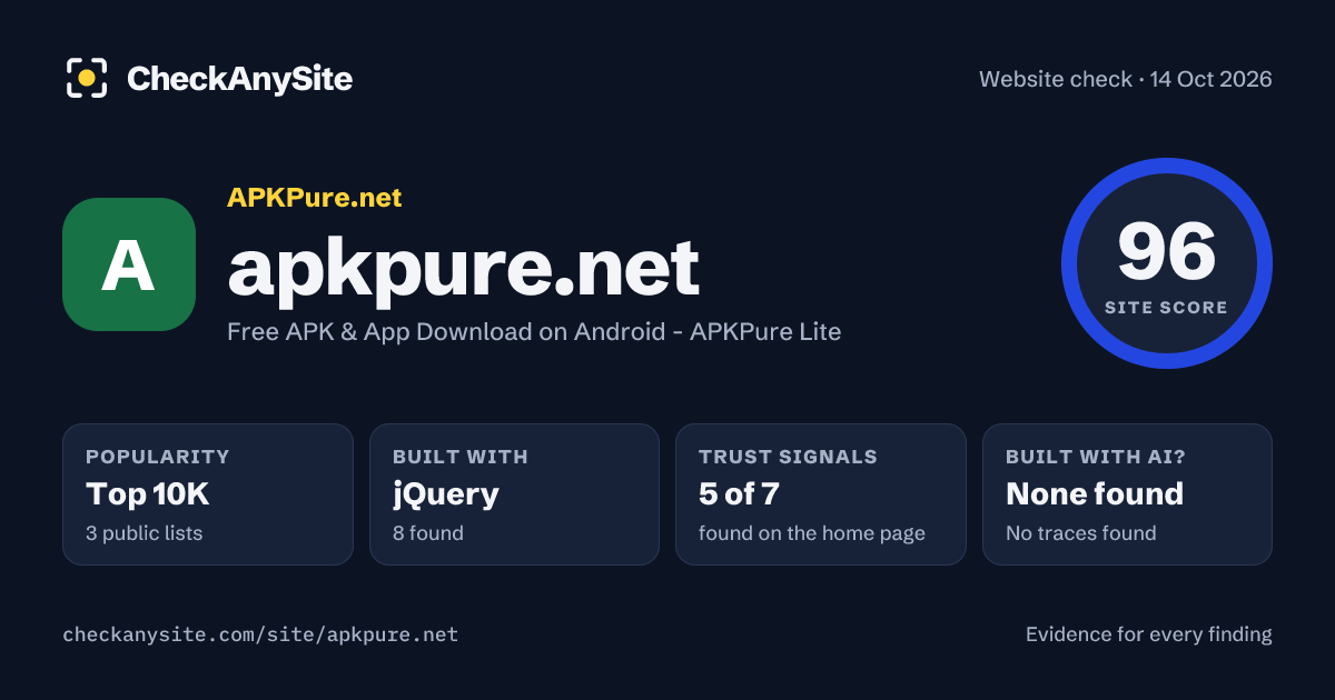 apkpure.net on CheckAnySite: AI traces none found, popularity Top 10K, site score 96 of 100.