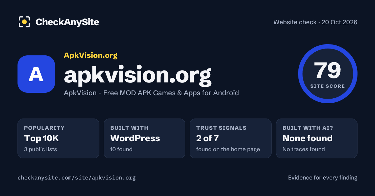 apkvision.org on CheckAnySite: AI traces none found, popularity Top 10K, site score 79 of 100.