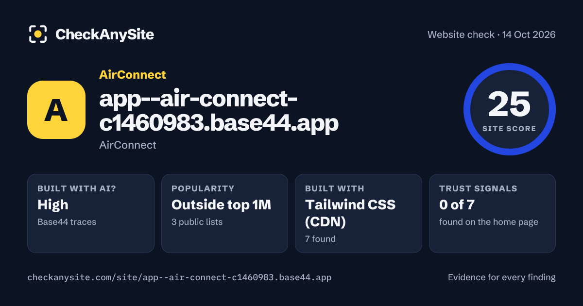 app--air-connect-c1460983.base44.app on CheckAnySite: AI traces high, popularity Outside top 1M, site score 25 of 100.