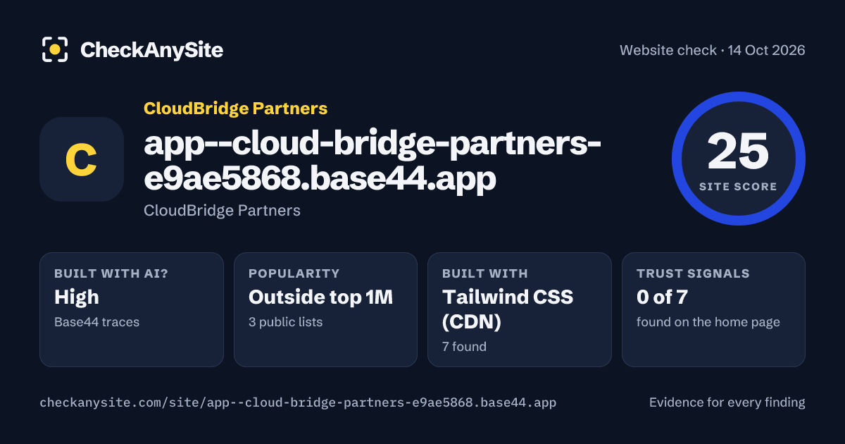app--cloud-bridge-partners-e9ae5868.base44.app on CheckAnySite: AI traces high, popularity Outside top 1M, site score 25 of 100.