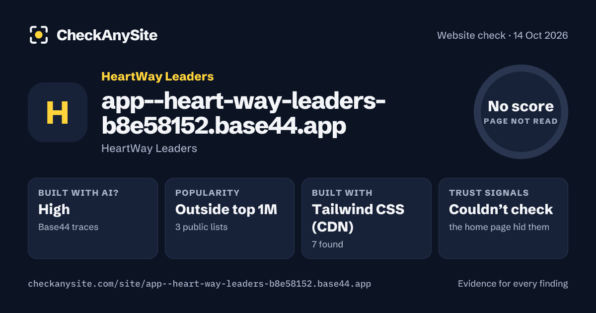 app--heart-way-leaders-b8e58152.base44.app on CheckAnySite: AI traces high, popularity Outside top 1M, no score.