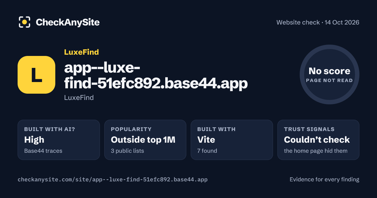 app--luxe-find-51efc892.base44.app on CheckAnySite: AI traces high, popularity Outside top 1M, no score.