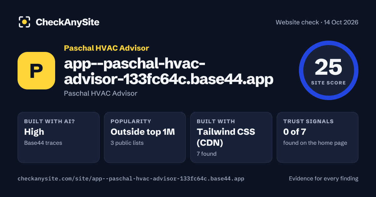 app--paschal-hvac-advisor-133fc64c.base44.app on CheckAnySite: AI traces high, popularity Outside top 1M, site score 25 of 100.
