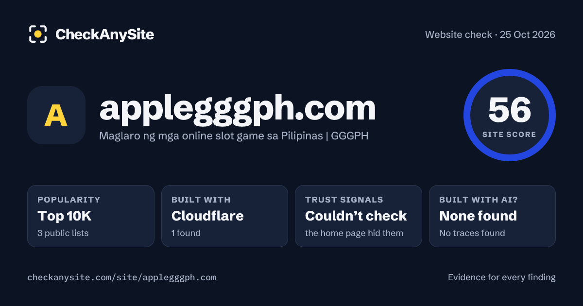 applegggph.com on CheckAnySite: AI traces none found, popularity Top 10K, site score 56 of 100.