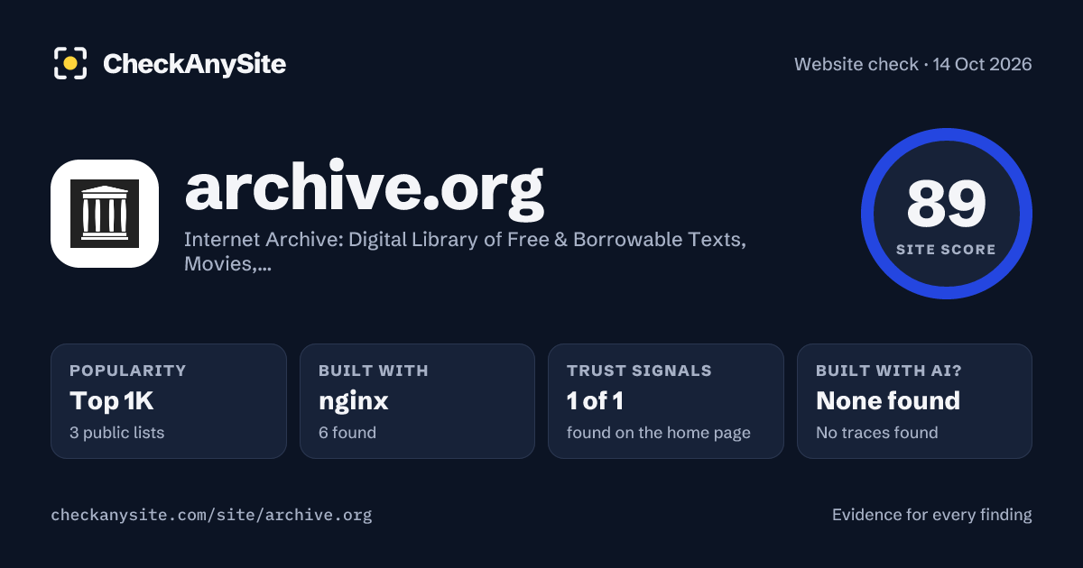 archive.org on CheckAnySite: AI traces none found, popularity Top 1K, site score 89 of 100.