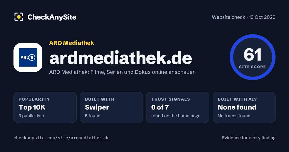 ardmediathek.de on CheckAnySite: AI traces none found, popularity Top 10K, site score 61 of 100.
