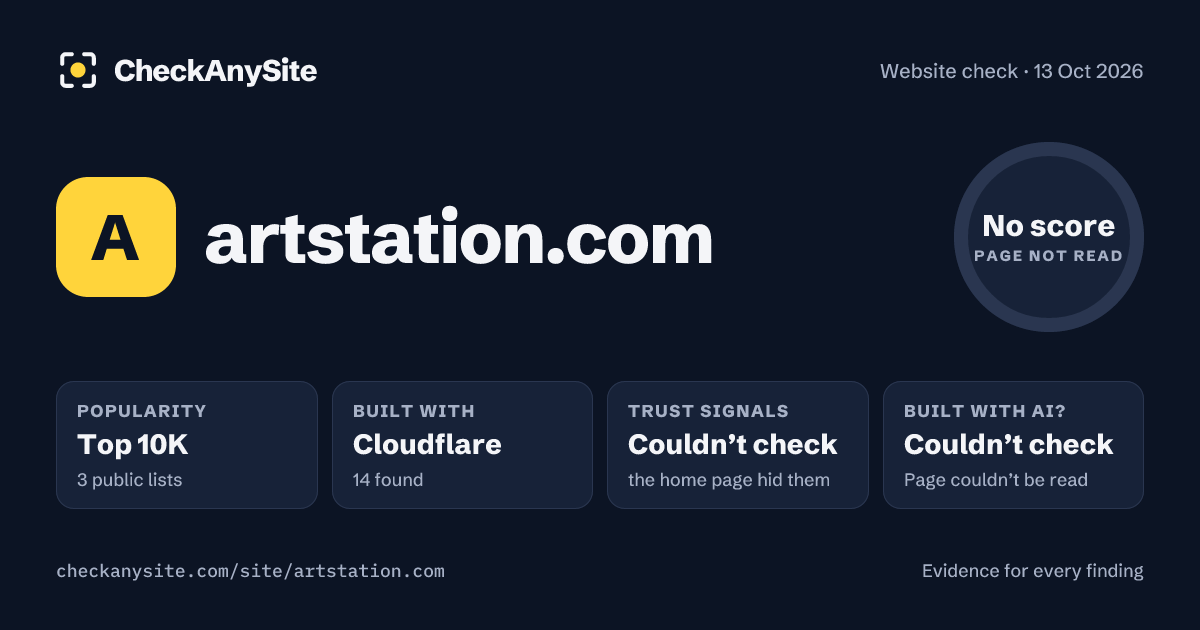 artstation.com on CheckAnySite: AI traces couldn’t check, popularity Top 10K, no score.