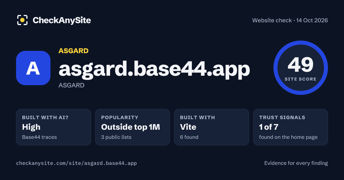 asgard.base44.app on CheckAnySite: AI traces high, popularity Outside top 1M, site score 49 of 100.