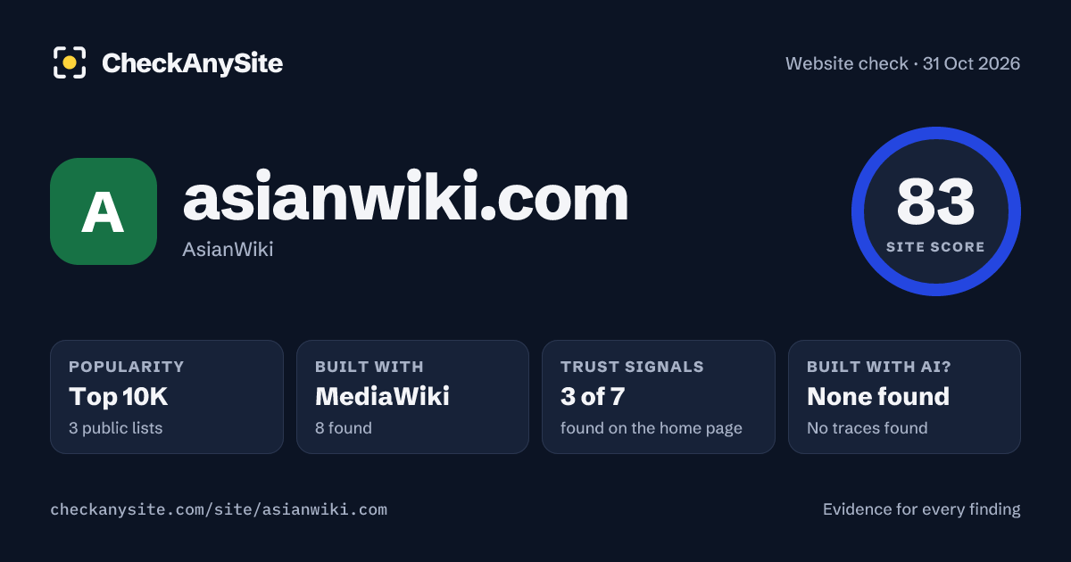 asianwiki.com on CheckAnySite: AI traces none found, popularity Top 10K, site score 83 of 100.