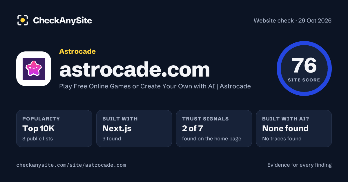astrocade.com on CheckAnySite: AI traces none found, popularity Top 10K, site score 76 of 100.